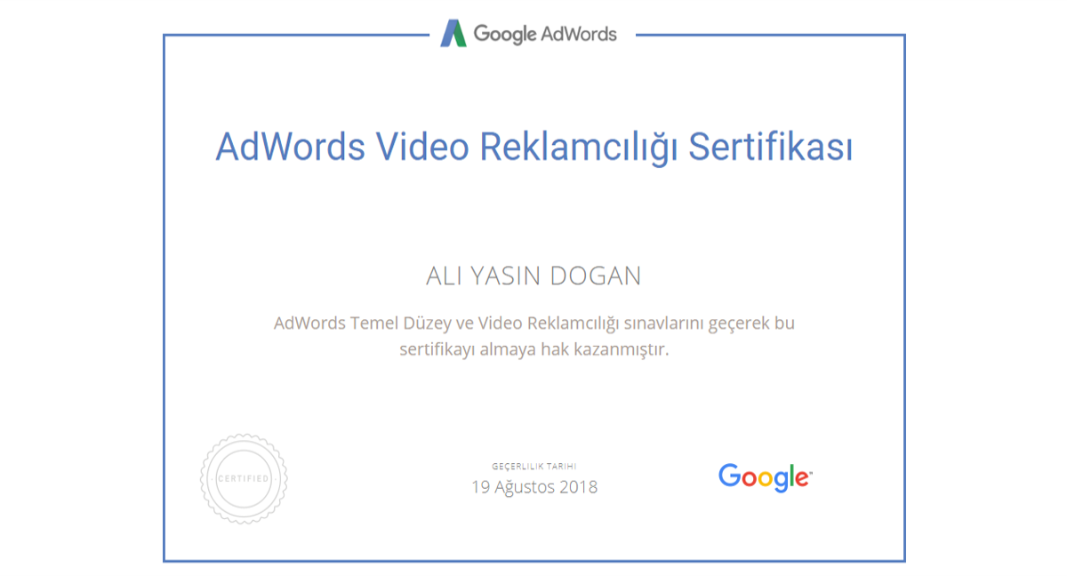 Adwords Video Reklamcılık Sertifikası | aliyasindogan.com